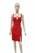 The Red Dress — red strappy cutout bodycon mini dress on mannequin, white background