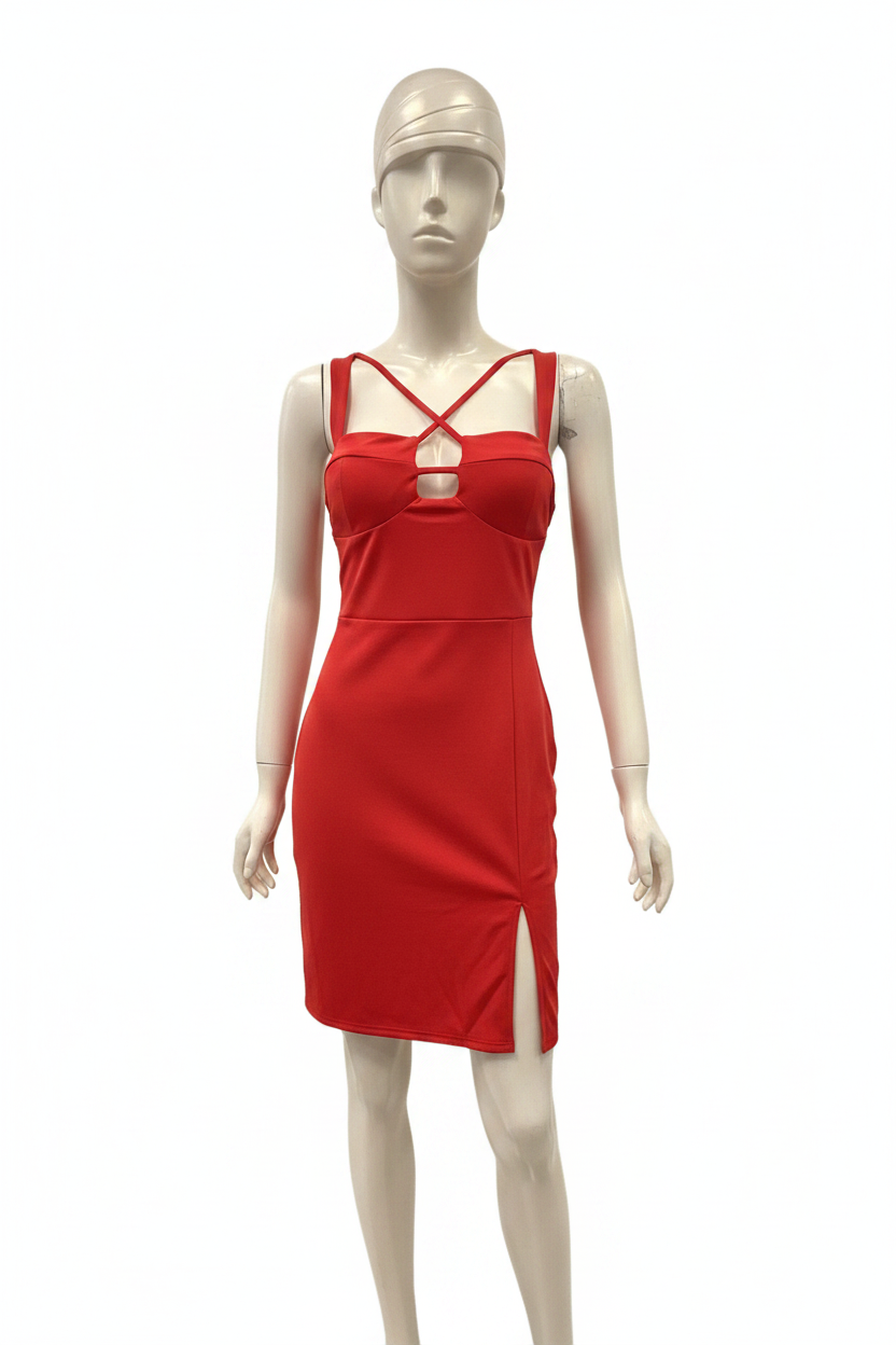 The Red Dress — red strappy cutout bodycon mini dress on mannequin, white background