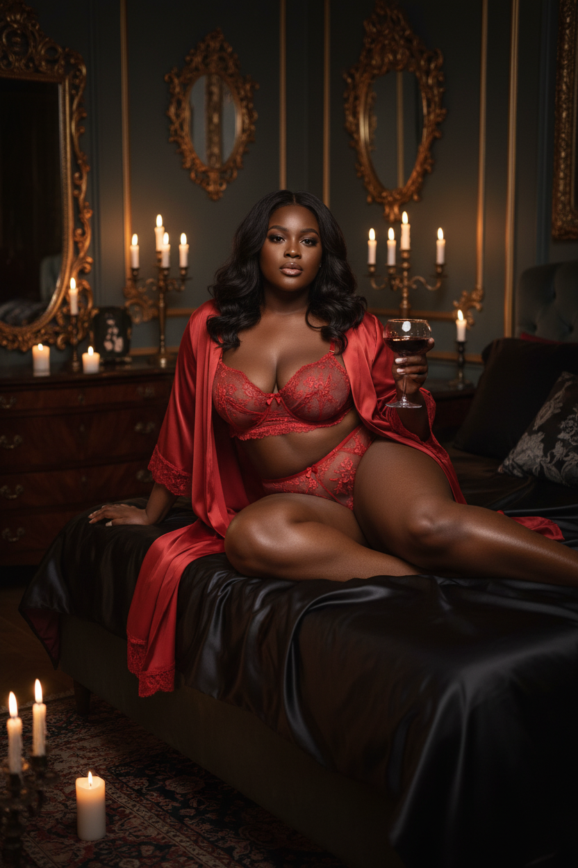 Noir Rouge Signature lifestyle editorial - model in candlelit luxury bedroom