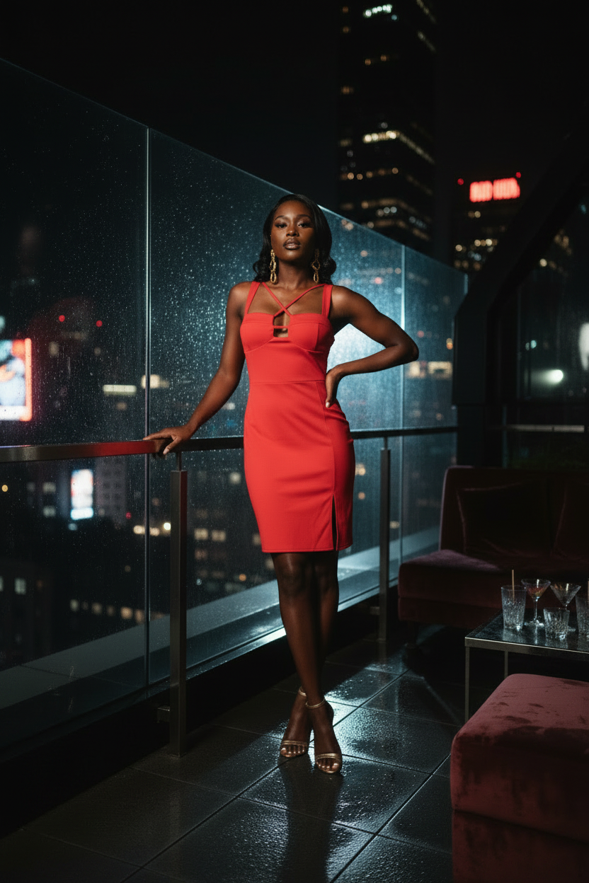 The Red Dress — model wearing red cutout bodycon mini dress on rooftop at night with city skyline